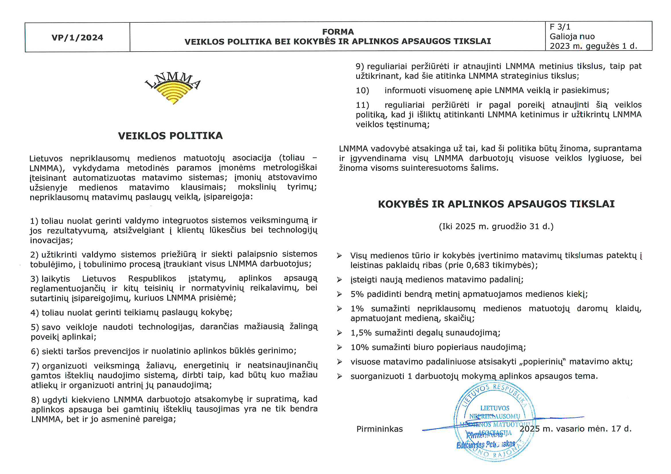 Kokybės politika ir tikslai 2025
